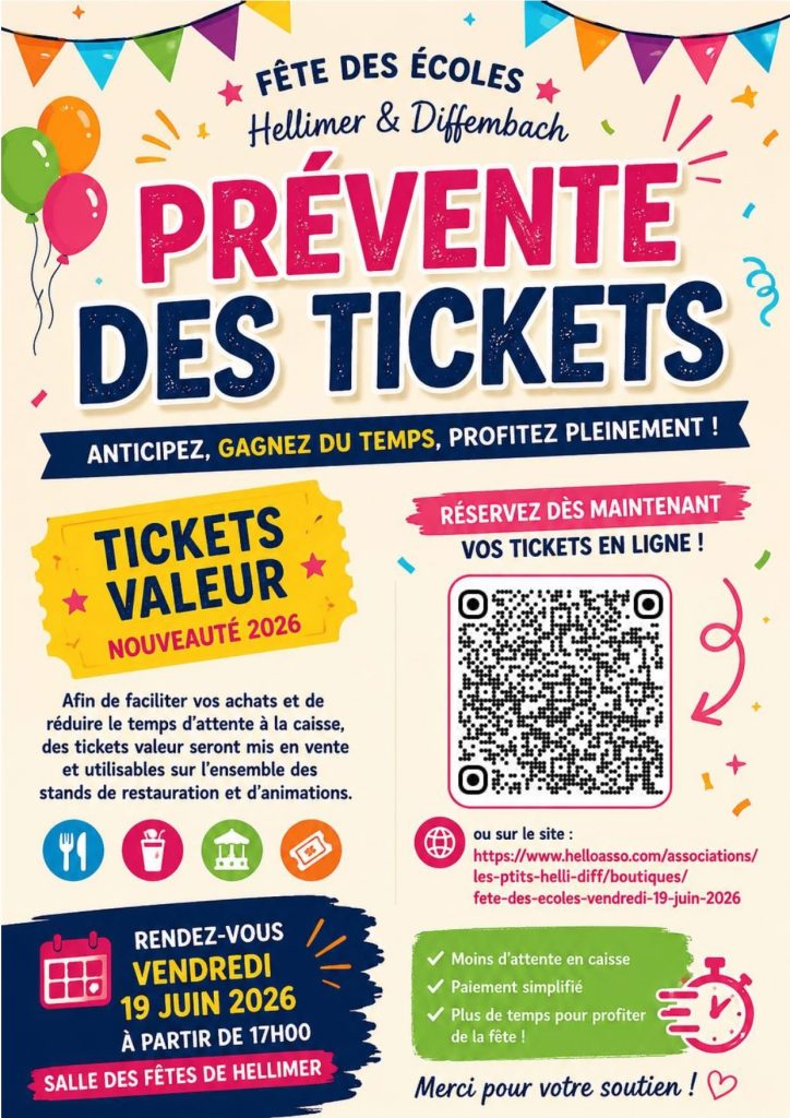 Prévente de Tickets pour la fête de l'école le 19 juin